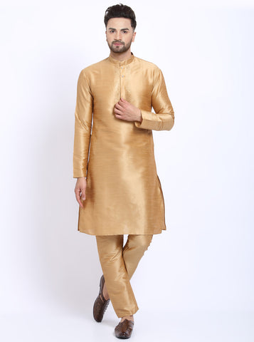 Embellished Golden Brocade Kurta with Aligarh Pajama by Treemoda