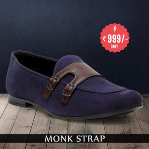 Treemoda Navy Blue Suede Monk Strap Shoes For Men