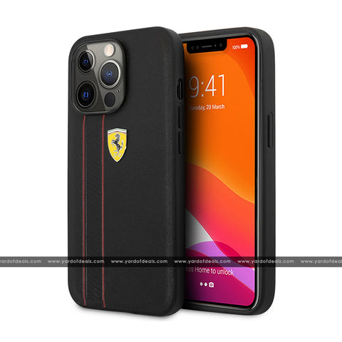 Ferrari Leather Case Black With Debossed Stripes & Red Lines Case for iPhone - Black