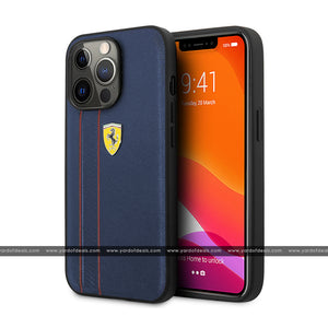 Ferrari Leather Case Black With Debossed Stripes & Red Lines Case for iPhone - Navy Blue