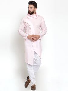 Pink Kurta With Aligarh Pajama Set in Linen For Men by Treemoda