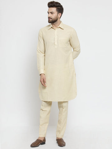 Designer Beige Pathani Lenin Kurta with Pants for a Royal look by TREEMODA