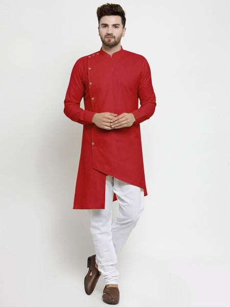 Designer Red Linen Kurta With White Churidar Pyjama For Men By Treemoda
