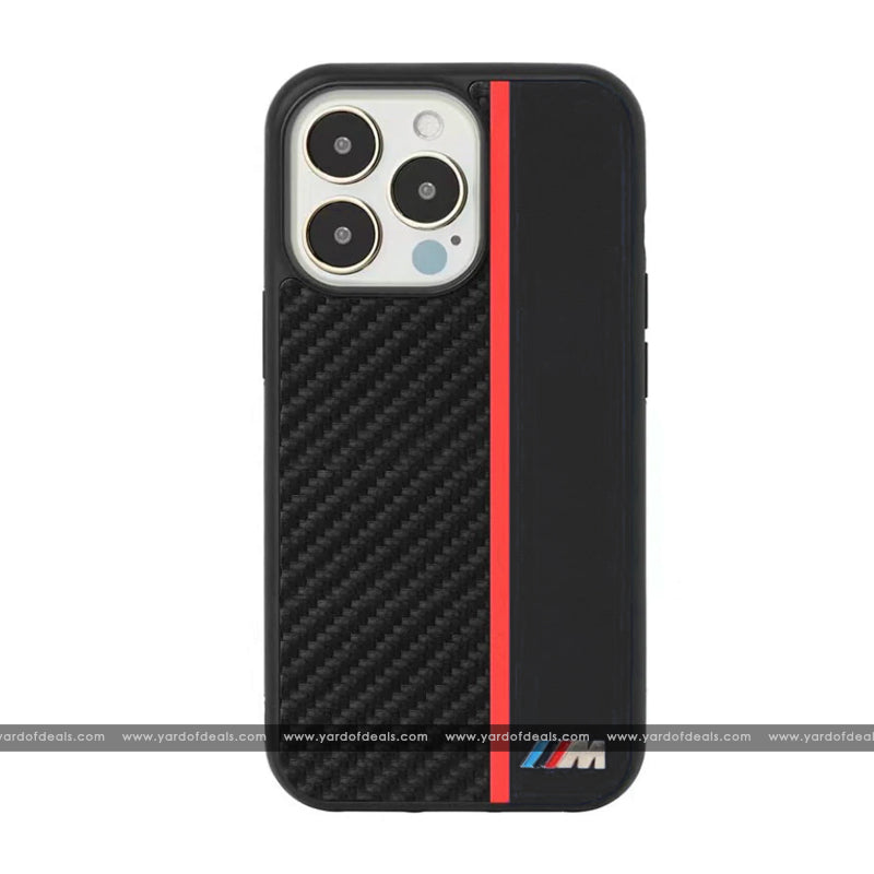 BMW Carbon Fiber Stripe Leather Case for iPhone 11, 12, 13 & 14 Series & Galaxy Z Flip3, Flip4, Fold3, Fold4, S22, S23