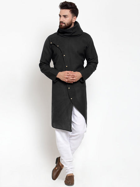 Black Kurta With Churidar Pajama Set in Linen For Men by Treemoda