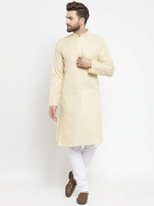 Plain Linen Kurta With Churidar Pajama Set in Beige