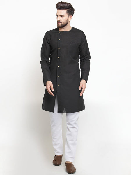 Designer Full Sleeve Black Kurta With Aligarh Pajama Set in Linen For Men by Treemoda