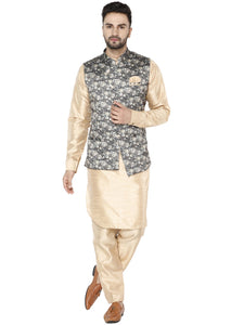 Treemoda Men's Beige Kurta Matching Pants With Printed Ethnic Nehru Jacket