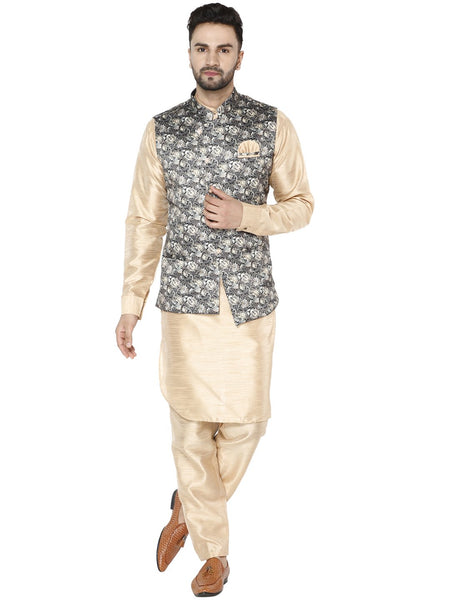 Treemoda Men's Beige Kurta Matching Pants With Printed Ethnic Nehru Jacket