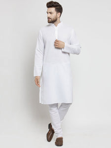Plain Linen Kurta With Churidar Pajama Set in White