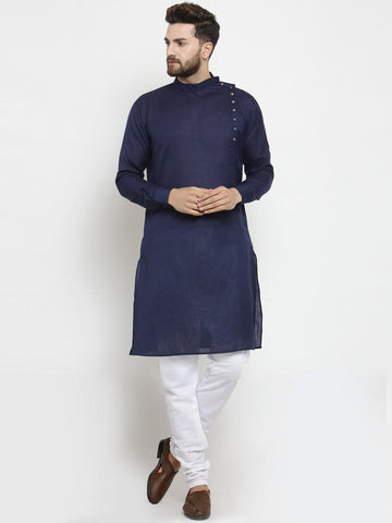 Designer Blue Linen Kurta With Churidar Pajama For Men By Treemoda