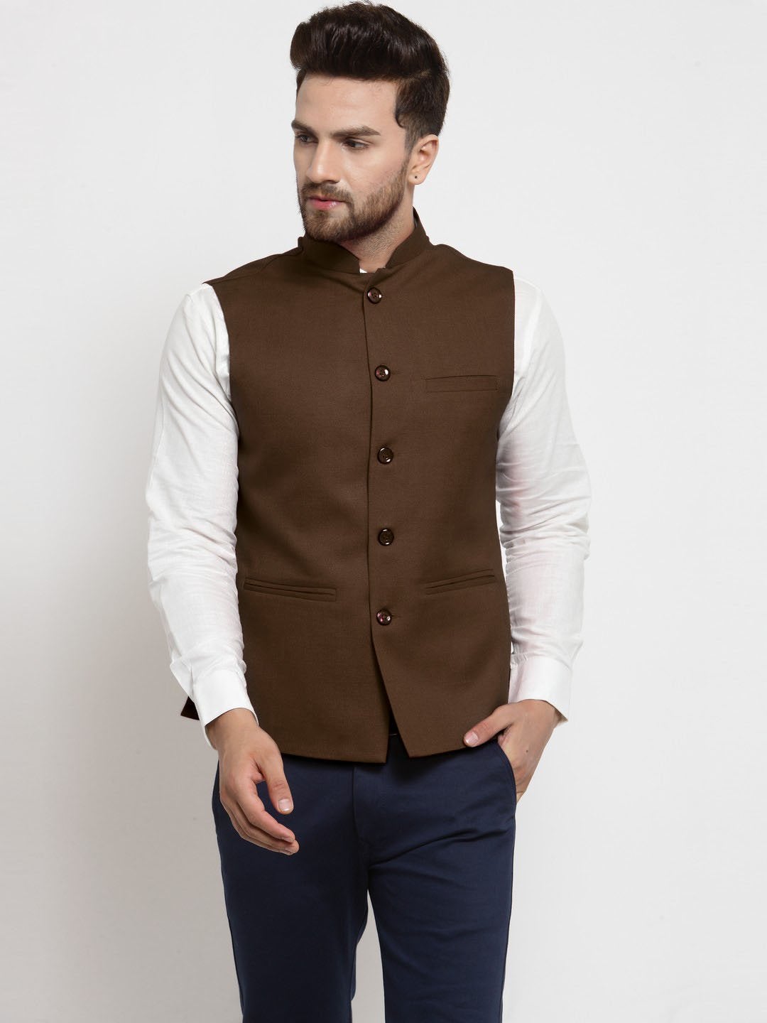 Men Chocolate Brown Solid Nehru Jacket By Treemoda