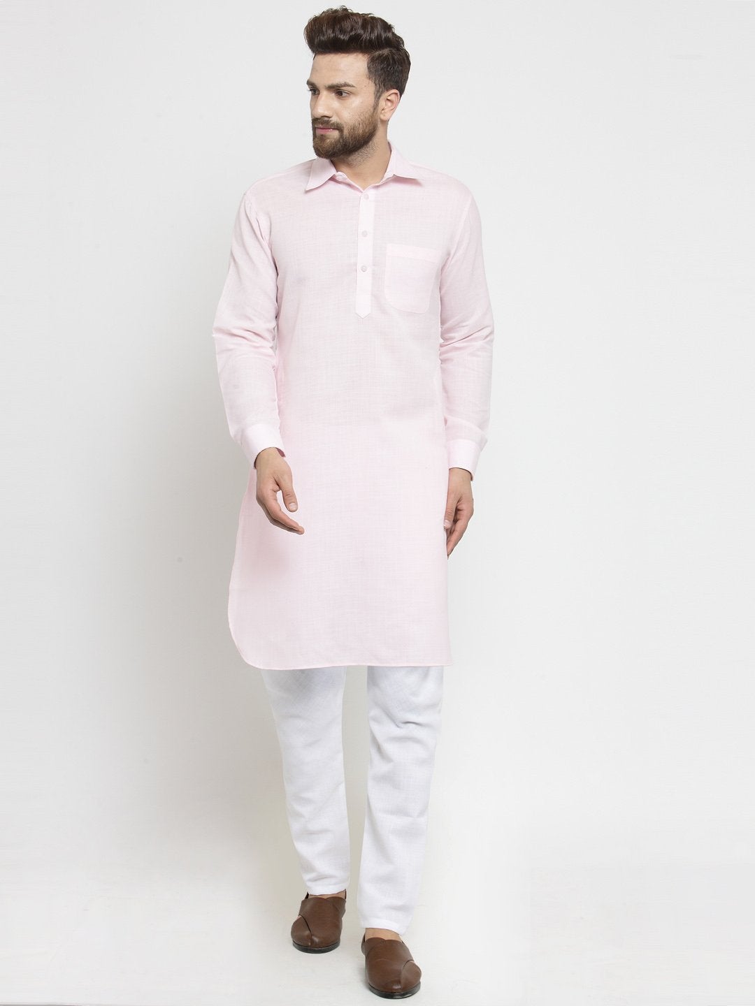 Designer Pink Pathani Lenin Kurta with White Aligarh Pajama by TREEMODA