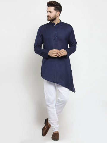 Designer Blue Linen Kurta With Churidar Pajama For Men By Treemoda