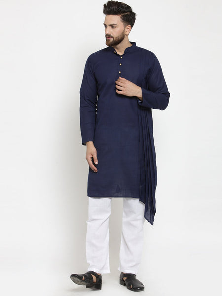 Navy Blue Kurta With Aligarh Pajama Set in Linen for men by Treemoda