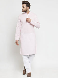 Plain Linen Kurta With Aligarh Pajama Set in Pink