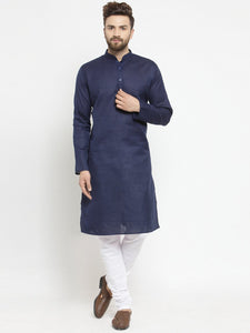 Plain Linen Kurta With Churidar Pajama Set in Blue