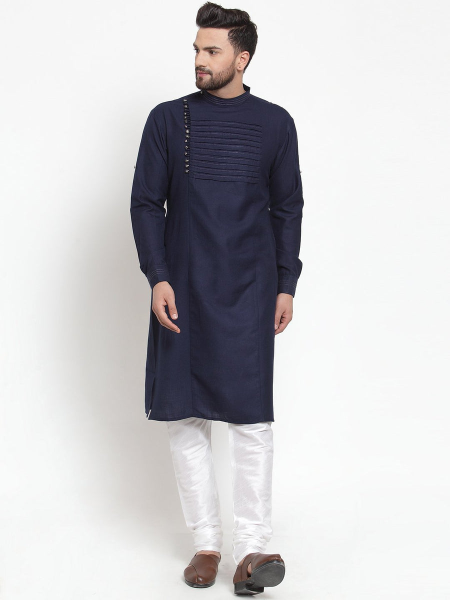Designer Navy Blue Kurta With Churidar Pajama in Linen for Men by