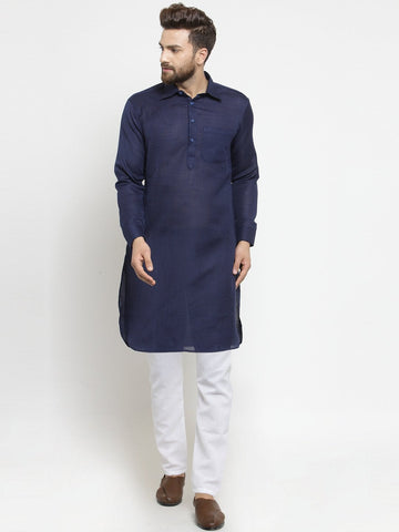 Designer Navy Blue Pathani Lenin Kurta with White Aligarh Pajama by TREEMODA