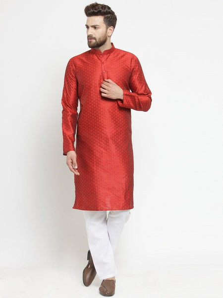 Embellished Brocade Kurta in Red with Aligarh by Treemoda