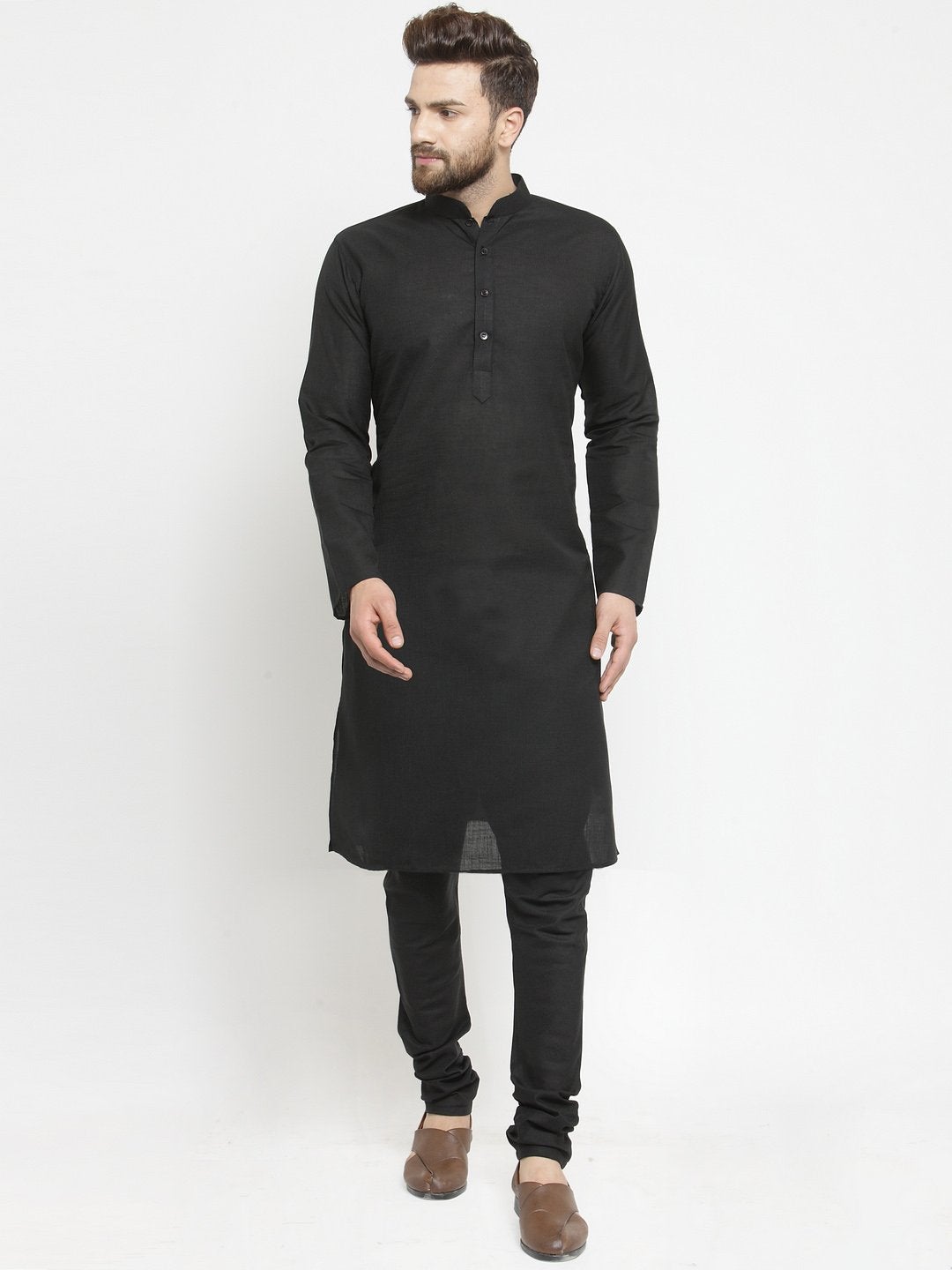 Plain Linen Kurta With Black Churidar Pajama Set in Black