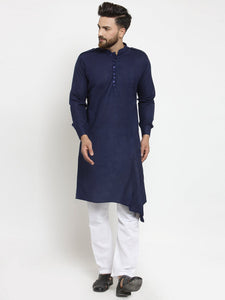 Navy Blue Kurta With Aligarh Pajama Set in Linen For Men by Treemoda
