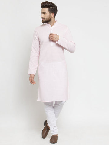 Plain Linen Kurta With Churidar Pajama Set in Pink