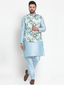 Treemoda Men's Turquoise blue Kurta Matching Pants With Ethnic Nehru Jacket