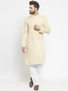 Plain Linen Kurta With Aligarh Pajama Set in Beige
