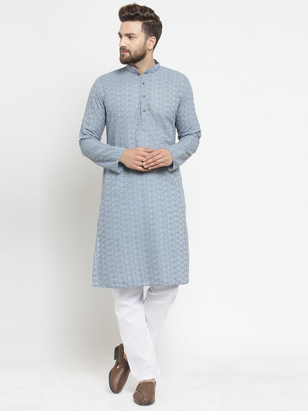Light Blue Cotton Chikankari Lucknowi Jaal Embroidered Kurta with Aligarh Pajama