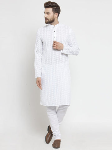 White Cotton Chikankari Lucknowi Jaal Embroidered Kurta with Churidar Pajama