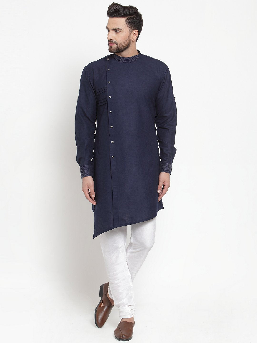 Designer Navy Blue Kurta With Churidar Set in Linen For Men by Treemoda