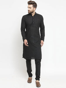 Black Cotton Chikankari Lucknowi Jaal Embroidered Kurta with Churidar Pajama For Men