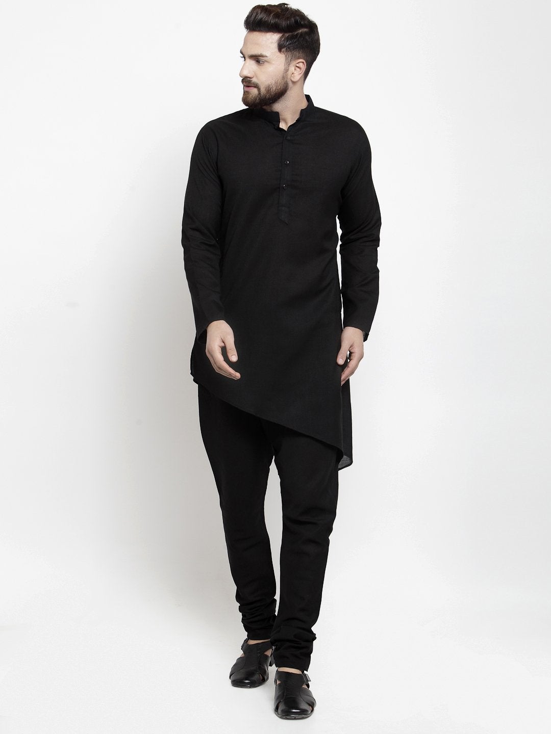 Designer Black Linen Kurta With Churidar Pajama For Men By Treemoda