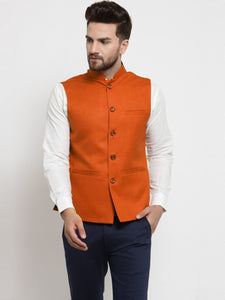 Men Orange Solid Nehru Jacket By Treemoda