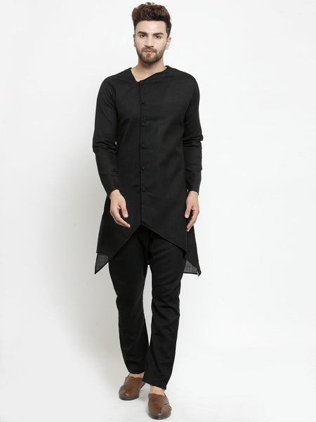 Designer Black Linen Kurta With Aligarh Pajama For Men By Treemoda