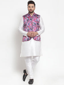 Treemoda Men's White Kurta Matching Pants With Ethnic Nehru Jacket