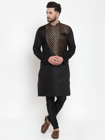 Designer Brocade Black Bnarsi Silk Kurta Pajama Set
