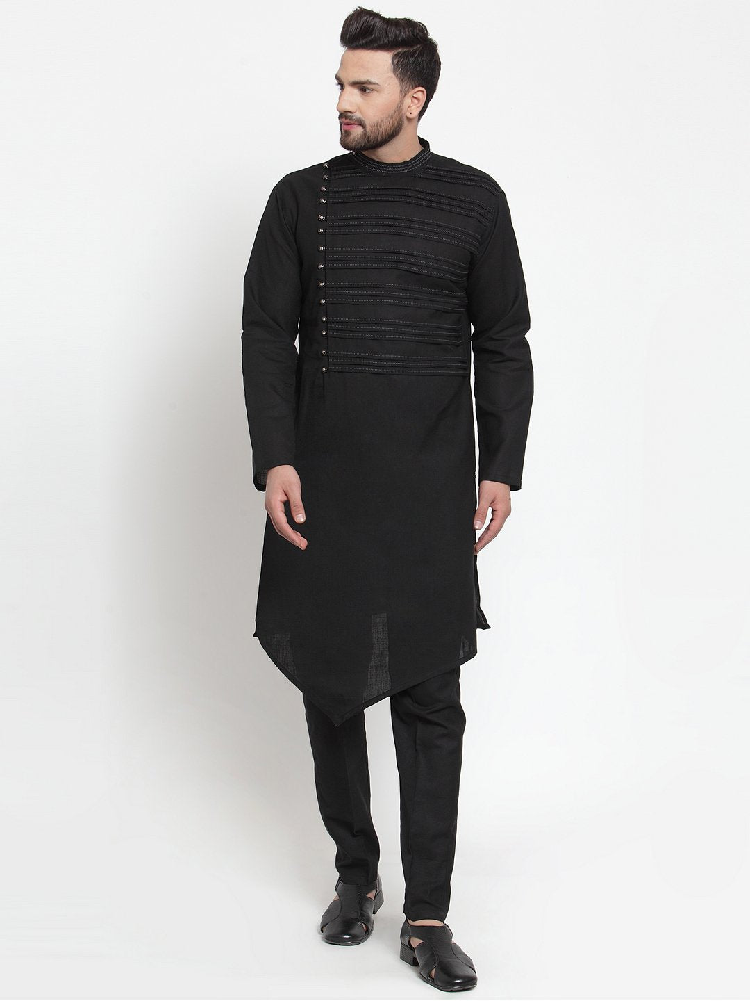 Designer Black Kurta With Aligarh Pajama Set in Linen For Men by Treemoda