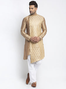 Embellished Brocade Golden Kurta With Aligarh Pajama Set For Men By Treemoda