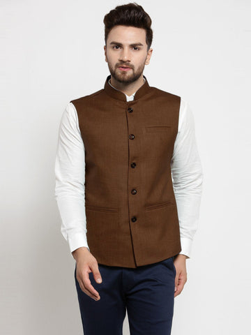Men Caramel Solid Nehru Jacket By Treemoda