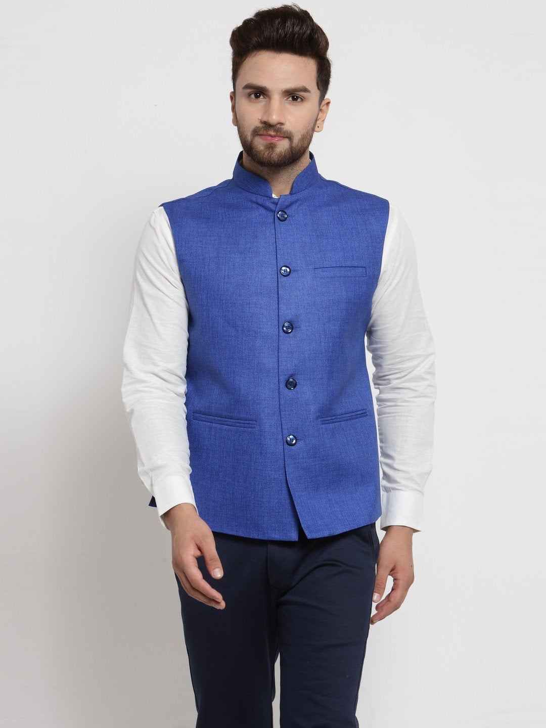 Men Blue Solid Nehru Jacket By Treemoda