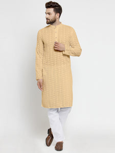 Embroidered Cotton Chikankari Beige Kurta With Aligarh Pajama For Men By Treemoda