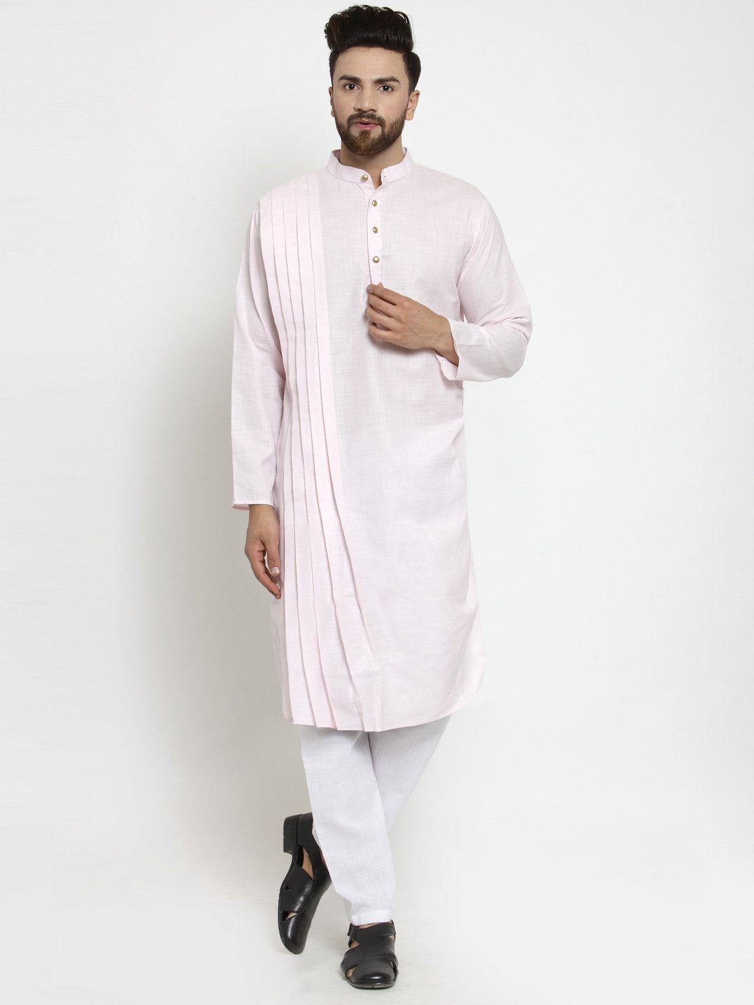 Designer Pink Linen Kurta With Aligarh Pajama For Men By Treemoda