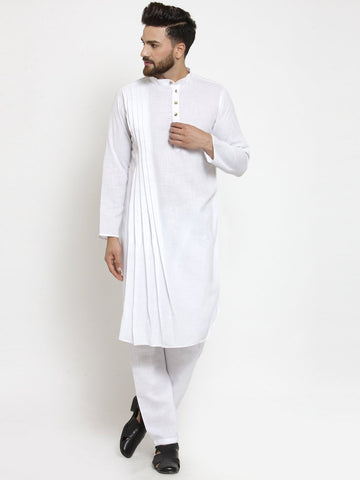Designer White Linen Kurta With Aligarh Pajama For Men By Treemoda