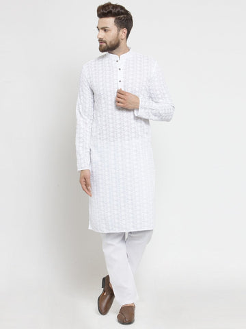 White Cotton Chikankari Lucknowi Jaal Embroidered Kurta with Aligarh Pajama by Treemoda