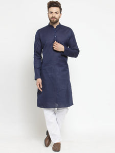 Plain Linen Kurta With Aligarh Pajama Set in Blue
