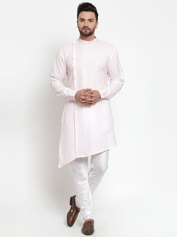 Designer Pink Kurta With Churidar Pajama Set in Linen For Men by Treemoda