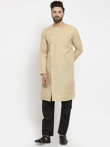 Beige Kurta With Black Aligarh Pajama Set  in Linen for men by Treemoda