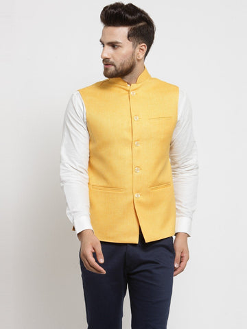 Men Yellow Solid Nehru Jacket By Treemoda